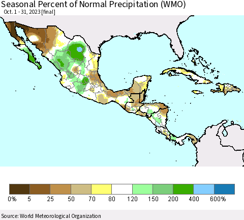 Mexico Central America and the Caribbean Seasonal Percent of Normal Precipitation (WMO) Thematic Map For 10/1/2023 - 10/31/2023