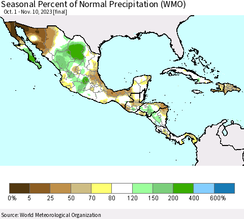 Mexico Central America and the Caribbean Seasonal Percent of Normal Precipitation (WMO) Thematic Map For 10/1/2023 - 11/10/2023