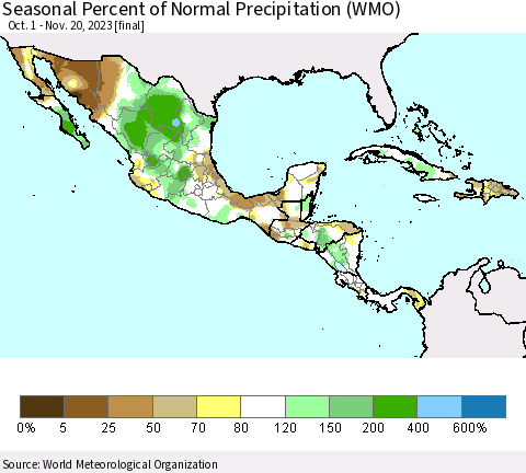 Mexico Central America and the Caribbean Seasonal Percent of Normal Precipitation (WMO) Thematic Map For 10/1/2023 - 11/20/2023