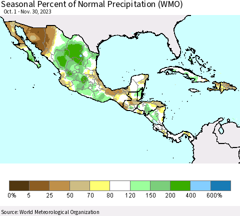 Mexico Central America and the Caribbean Seasonal Percent of Normal Precipitation (WMO) Thematic Map For 10/1/2023 - 11/30/2023