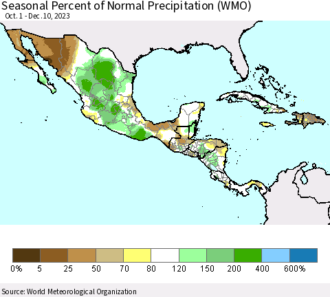 Mexico Central America and the Caribbean Seasonal Percent of Normal Precipitation (WMO) Thematic Map For 10/1/2023 - 12/10/2023