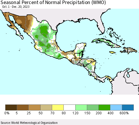 Mexico Central America and the Caribbean Seasonal Percent of Normal Precipitation (WMO) Thematic Map For 10/1/2023 - 12/20/2023