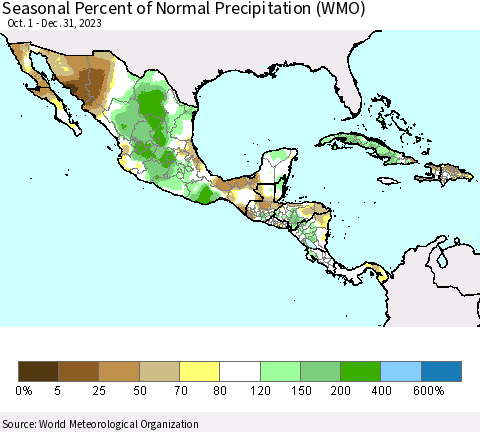 Mexico Central America and the Caribbean Seasonal Percent of Normal Precipitation (WMO) Thematic Map For 10/1/2023 - 12/31/2023