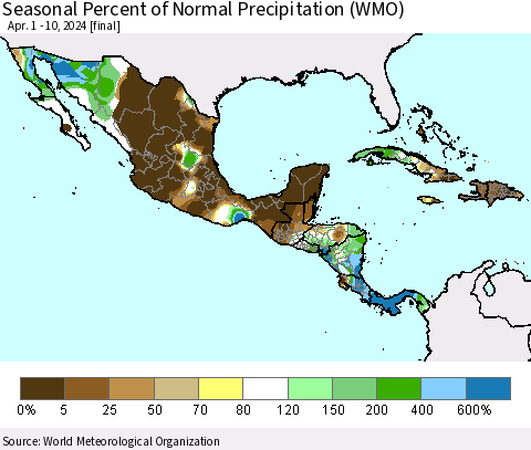 Mexico Central America and the Caribbean Seasonal Percent of Normal Precipitation (WMO) Thematic Map For 4/1/2024 - 4/10/2024