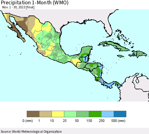 Mexico Central America and the Caribbean Precipitation 1-Month (WMO) Thematic Map For 11/1/2023 - 11/30/2023