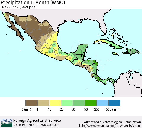 Mexico Central America and the Caribbean Precipitation 1-Month (WMO) Thematic Map For 3/6/2021 - 4/5/2021