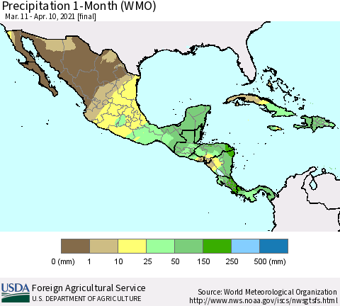 Mexico Central America and the Caribbean Precipitation 1-Month (WMO) Thematic Map For 3/11/2021 - 4/10/2021