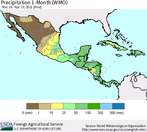 Mexico Central America and the Caribbean Precipitation 1-Month (WMO) Thematic Map For 3/16/2021 - 4/15/2021