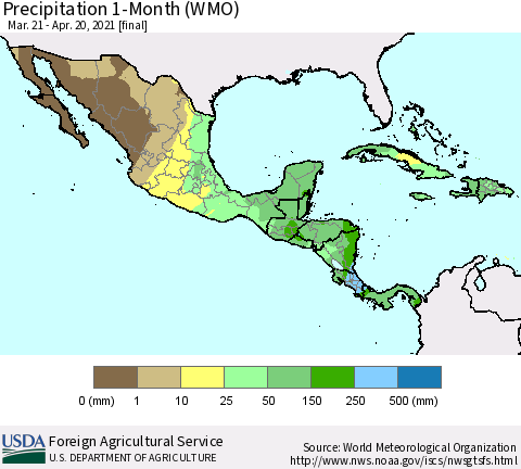 Mexico Central America and the Caribbean Precipitation 1-Month (WMO) Thematic Map For 3/21/2021 - 4/20/2021