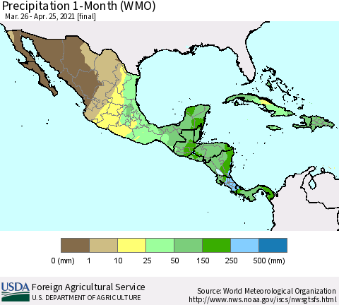 Mexico Central America and the Caribbean Precipitation 1-Month (WMO) Thematic Map For 3/26/2021 - 4/25/2021
