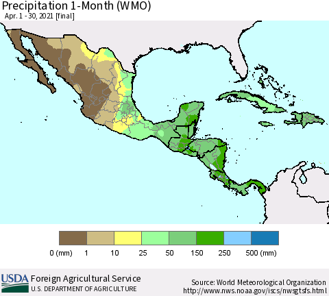 Mexico Central America and the Caribbean Precipitation 1-Month (WMO) Thematic Map For 4/1/2021 - 4/30/2021