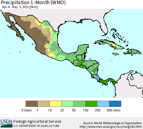 Mexico Central America and the Caribbean Precipitation 1-Month (WMO) Thematic Map For 4/6/2021 - 5/5/2021