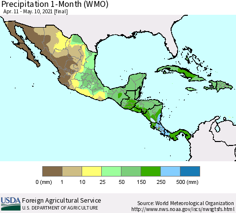 Mexico Central America and the Caribbean Precipitation 1-Month (WMO) Thematic Map For 4/11/2021 - 5/10/2021