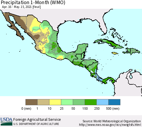 Mexico Central America and the Caribbean Precipitation 1-Month (WMO) Thematic Map For 4/16/2021 - 5/15/2021