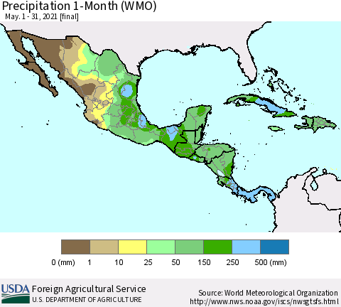 Mexico Central America and the Caribbean Precipitation 1-Month (WMO) Thematic Map For 5/1/2021 - 5/31/2021