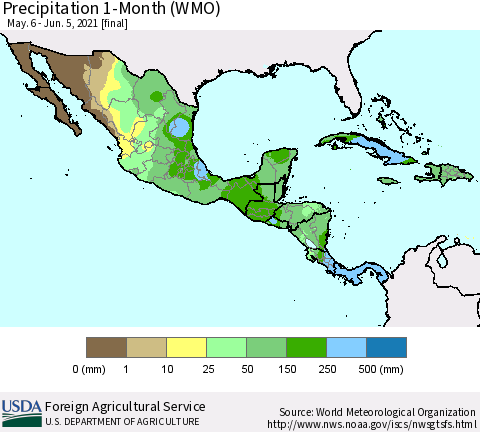 Mexico Central America and the Caribbean Precipitation 1-Month (WMO) Thematic Map For 5/6/2021 - 6/5/2021