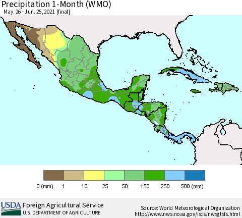 Mexico Central America and the Caribbean Precipitation 1-Month (WMO) Thematic Map For 5/26/2021 - 6/25/2021