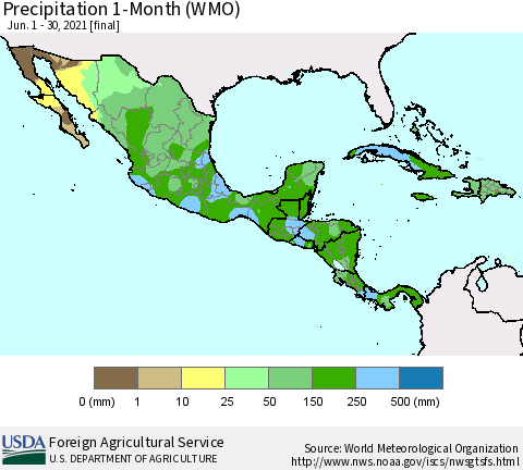 Mexico Central America and the Caribbean Precipitation 1-Month (WMO) Thematic Map For 6/1/2021 - 6/30/2021