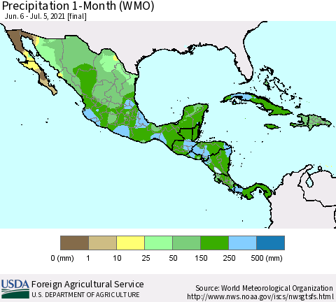 Mexico Central America and the Caribbean Precipitation 1-Month (WMO) Thematic Map For 6/6/2021 - 7/5/2021