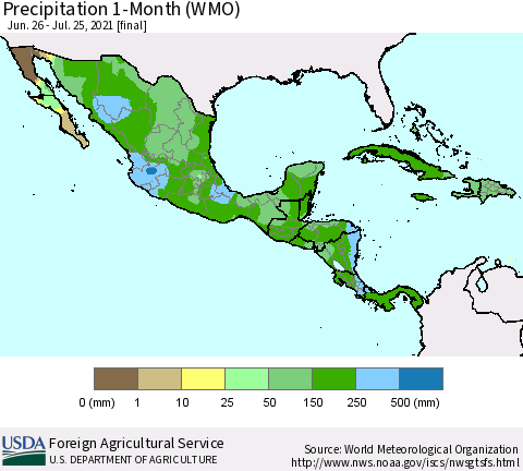 Mexico Central America and the Caribbean Precipitation 1-Month (WMO) Thematic Map For 6/26/2021 - 7/25/2021