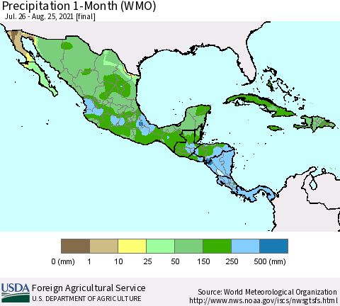 Mexico Central America and the Caribbean Precipitation 1-Month (WMO) Thematic Map For 7/26/2021 - 8/25/2021