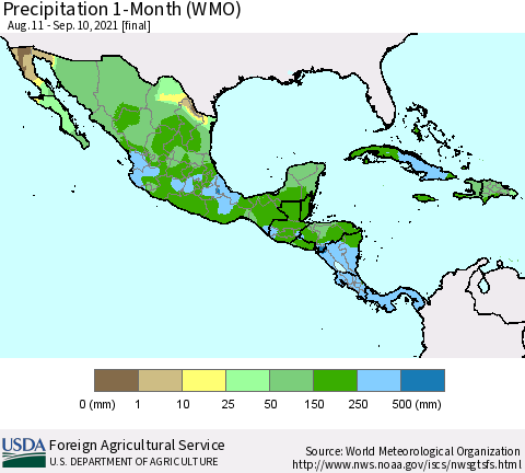 Mexico Central America and the Caribbean Precipitation 1-Month (WMO) Thematic Map For 8/11/2021 - 9/10/2021