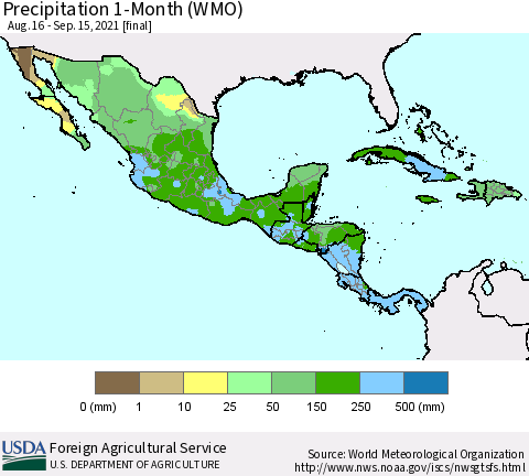 Mexico Central America and the Caribbean Precipitation 1-Month (WMO) Thematic Map For 8/16/2021 - 9/15/2021
