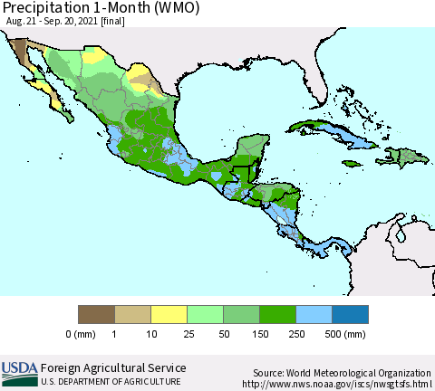 Mexico Central America and the Caribbean Precipitation 1-Month (WMO) Thematic Map For 8/21/2021 - 9/20/2021