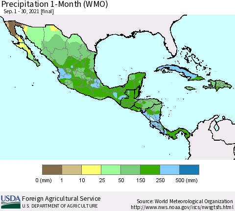 Mexico Central America and the Caribbean Precipitation 1-Month (WMO) Thematic Map For 9/1/2021 - 9/30/2021