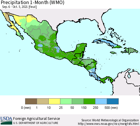 Mexico Central America and the Caribbean Precipitation 1-Month (WMO) Thematic Map For 9/6/2021 - 10/5/2021