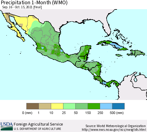 Mexico Central America and the Caribbean Precipitation 1-Month (WMO) Thematic Map For 9/16/2021 - 10/15/2021
