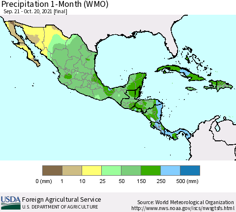 Mexico Central America and the Caribbean Precipitation 1-Month (WMO) Thematic Map For 9/21/2021 - 10/20/2021