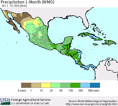 Mexico Central America and the Caribbean Precipitation 1-Month (WMO) Thematic Map For 10/1/2021 - 10/31/2021