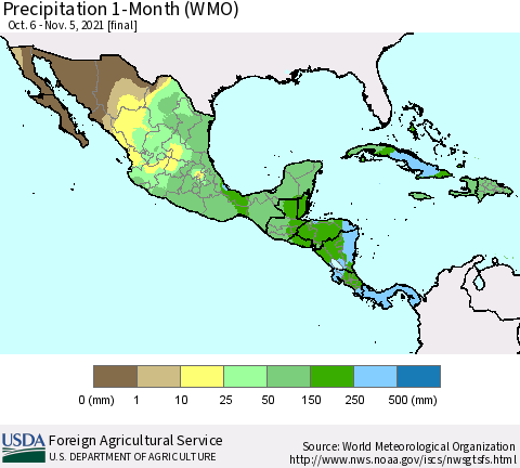 Mexico Central America and the Caribbean Precipitation 1-Month (WMO) Thematic Map For 10/6/2021 - 11/5/2021