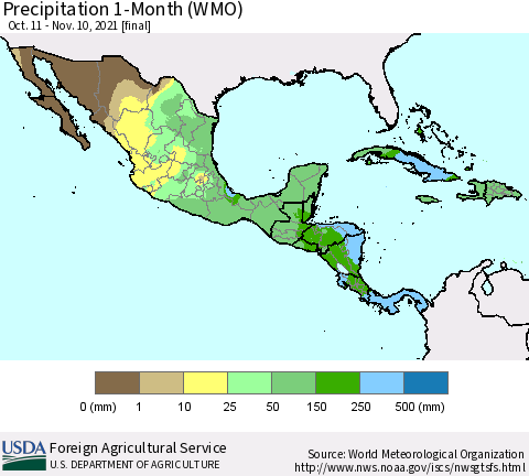 Mexico Central America and the Caribbean Precipitation 1-Month (WMO) Thematic Map For 10/11/2021 - 11/10/2021