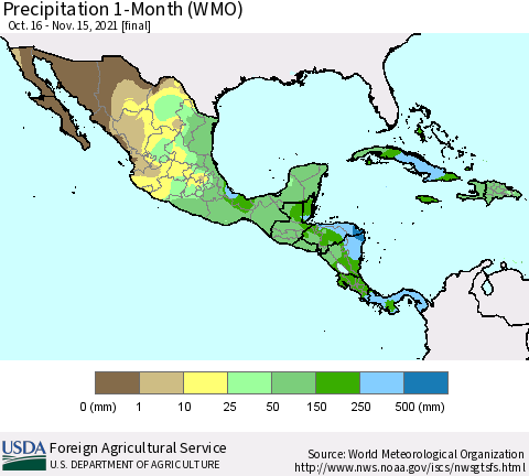 Mexico Central America and the Caribbean Precipitation 1-Month (WMO) Thematic Map For 10/16/2021 - 11/15/2021
