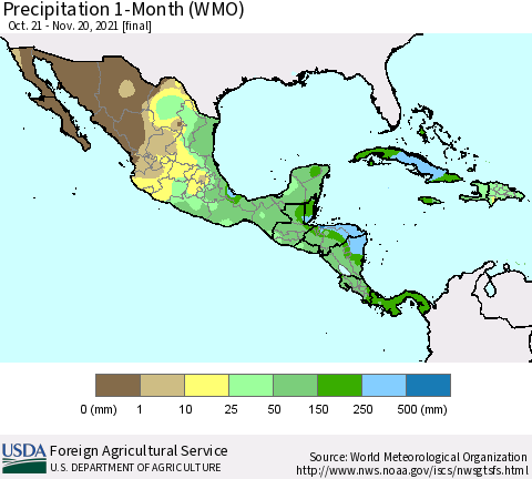 Mexico Central America and the Caribbean Precipitation 1-Month (WMO) Thematic Map For 10/21/2021 - 11/20/2021