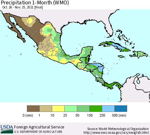 Mexico Central America and the Caribbean Precipitation 1-Month (WMO) Thematic Map For 10/26/2021 - 11/25/2021