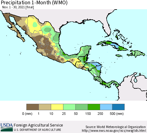 Mexico Central America and the Caribbean Precipitation 1-Month (WMO) Thematic Map For 11/1/2021 - 11/30/2021