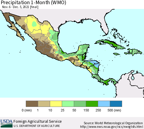 Mexico Central America and the Caribbean Precipitation 1-Month (WMO) Thematic Map For 11/6/2021 - 12/5/2021