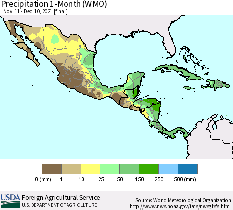 Mexico Central America and the Caribbean Precipitation 1-Month (WMO) Thematic Map For 11/11/2021 - 12/10/2021