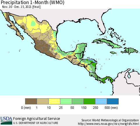 Mexico Central America and the Caribbean Precipitation 1-Month (WMO) Thematic Map For 11/16/2021 - 12/15/2021