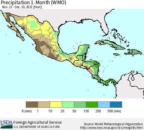Mexico Central America and the Caribbean Precipitation 1-Month (WMO) Thematic Map For 11/21/2021 - 12/20/2021