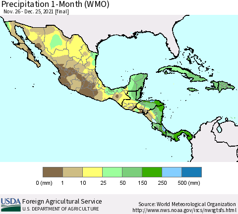 Mexico Central America and the Caribbean Precipitation 1-Month (WMO) Thematic Map For 11/26/2021 - 12/25/2021
