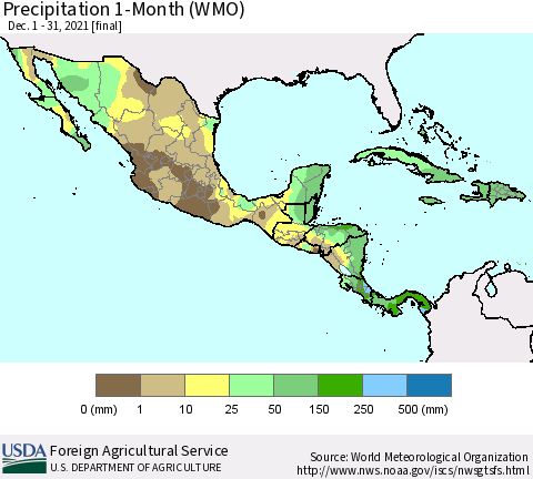 Mexico Central America and the Caribbean Precipitation 1-Month (WMO) Thematic Map For 12/1/2021 - 12/31/2021