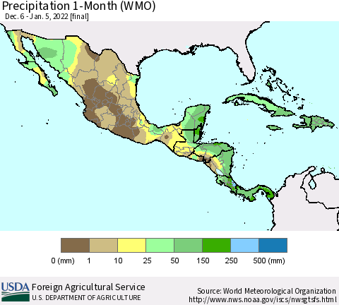 Mexico Central America and the Caribbean Precipitation 1-Month (WMO) Thematic Map For 12/6/2021 - 1/5/2022
