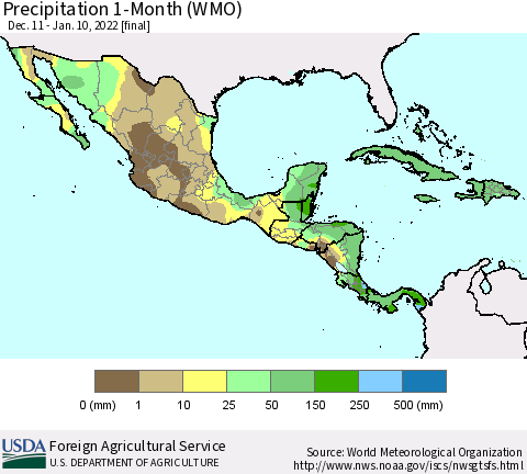 Mexico Central America and the Caribbean Precipitation 1-Month (WMO) Thematic Map For 12/11/2021 - 1/10/2022
