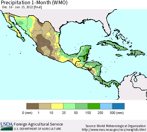 Mexico Central America and the Caribbean Precipitation 1-Month (WMO) Thematic Map For 12/16/2021 - 1/15/2022
