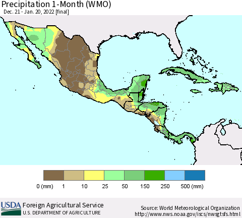 Mexico Central America and the Caribbean Precipitation 1-Month (WMO) Thematic Map For 12/21/2021 - 1/20/2022