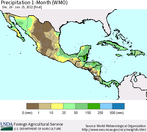 Mexico Central America and the Caribbean Precipitation 1-Month (WMO) Thematic Map For 12/26/2021 - 1/25/2022